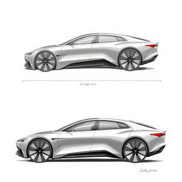 Sketches of a luxurious sedan with dimensions of 6