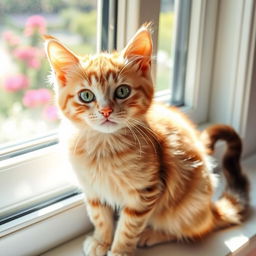 A playful and curious domestic cat with soft, silky fur, sitting on a sunny windowsill