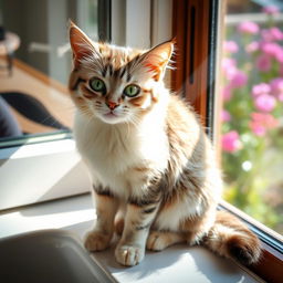 A playful and curious domestic cat with soft, silky fur, sitting on a sunny windowsill