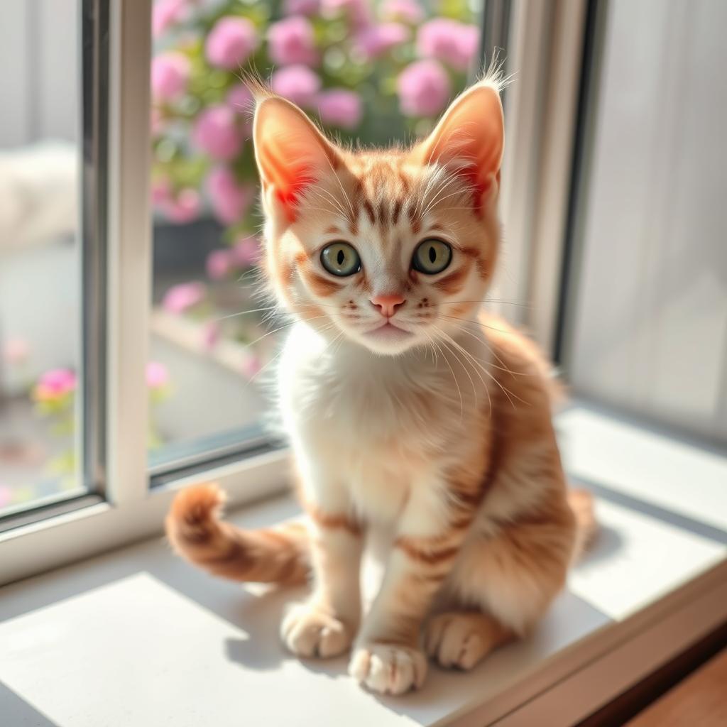 A playful and curious domestic cat with soft, silky fur, sitting on a sunny windowsill