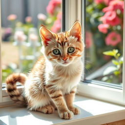 A playful and curious domestic cat with soft, silky fur, sitting on a sunny windowsill