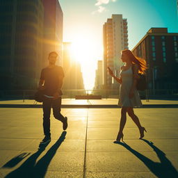 A young man and a young woman walking in opposite directions, each holding a phone in their hand