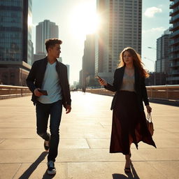 A young man and a young woman walking in opposite directions, each holding a phone in their hand