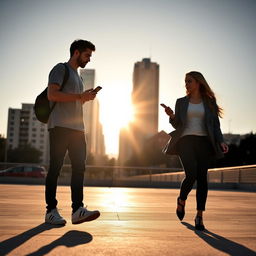 A young man and a young woman walking in opposite directions, each holding a phone in their hand