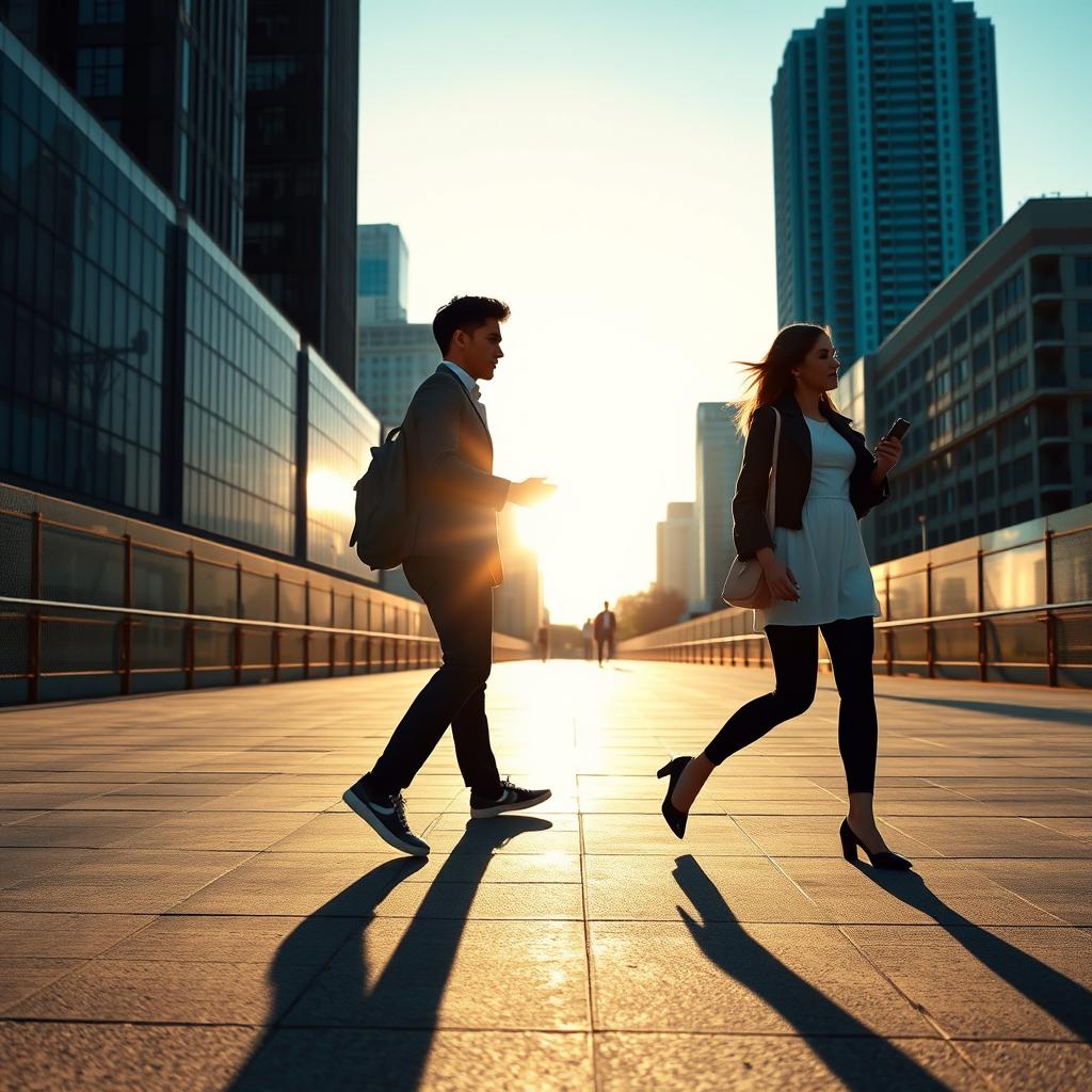 A young man and a young woman walking in opposite directions, each holding a phone in their hand