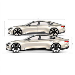 Detailed sketches of a luxurious sedan with dimensions of 6