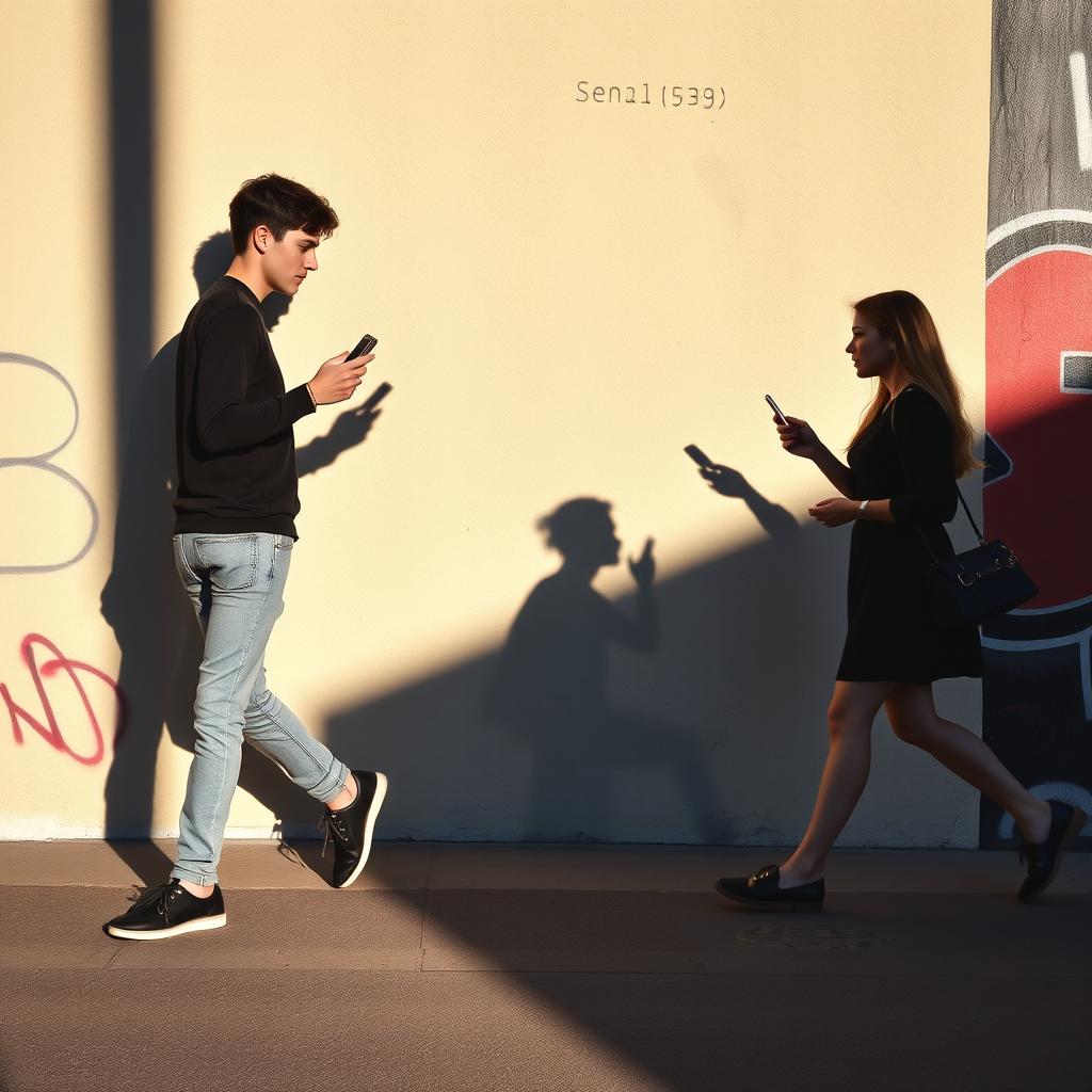 A young man and a young woman walking in opposite directions, each holding a phone in their hand