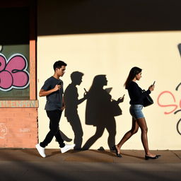 A young man and a young woman walking in opposite directions, each holding a phone in their hand