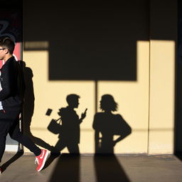 A young man and a young woman walking in opposite directions, each holding a phone in their hand