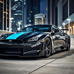 A stunning Vaydor G35 sports car featuring a sleek cyan stripe, parked in an urban environment