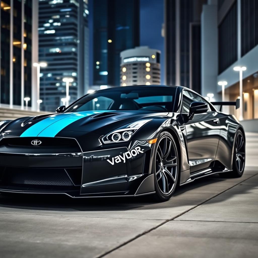 A stunning Vaydor G35 sports car featuring a sleek cyan stripe, parked in an urban environment
