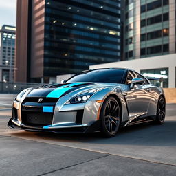 A stunning Vaydor G35 sports car featuring a sleek cyan stripe, parked in an urban environment