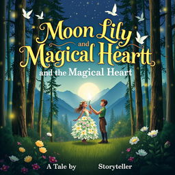 A magical forest with tall trees softly illuminated by fireflies, with distant silhouettes of high mountains in the background
