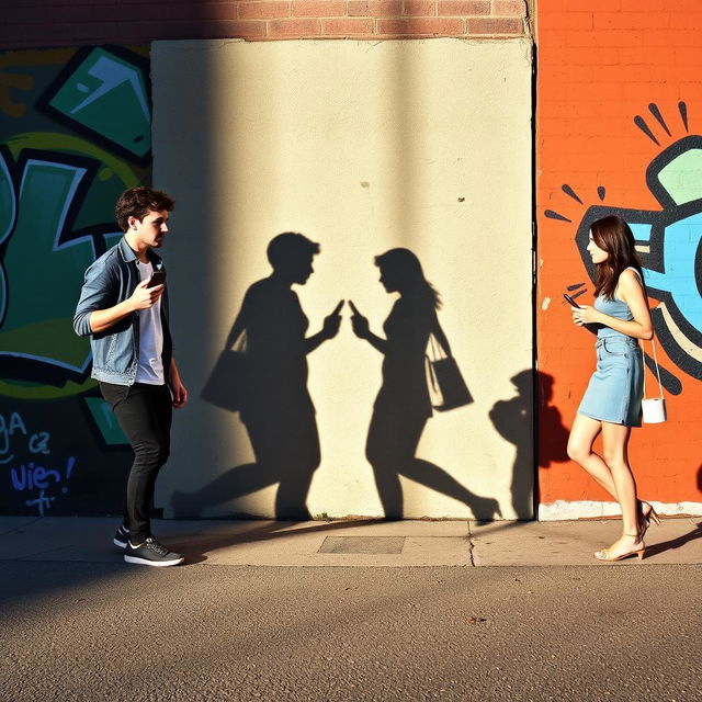 A young man and a young woman each holding a phone in their hand are walking in opposite directions down a street