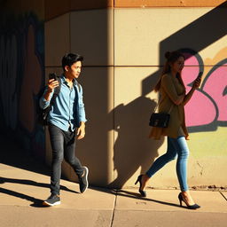 A young man and a young woman each holding a phone in their hand are walking in opposite directions down a street