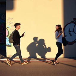 A young man and a young woman each holding a phone in their hand are walking in opposite directions down a street