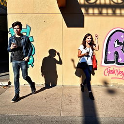 A young man and a young woman each holding a phone in their hand are walking in opposite directions down a street