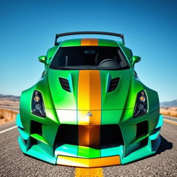 A Vaydor G35 sports car with a striking design featuring a vibrant green gold stripe running across its body, complemented by eye-catching cyan accents on various elements