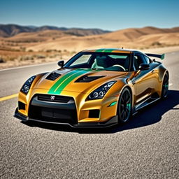 A Vaydor G35 sports car with a striking design featuring a vibrant green gold stripe running across its body, complemented by eye-catching cyan accents on various elements