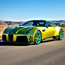 A Vaydor G35 sports car with a striking design featuring a vibrant green gold stripe running across its body, complemented by eye-catching cyan accents on various elements