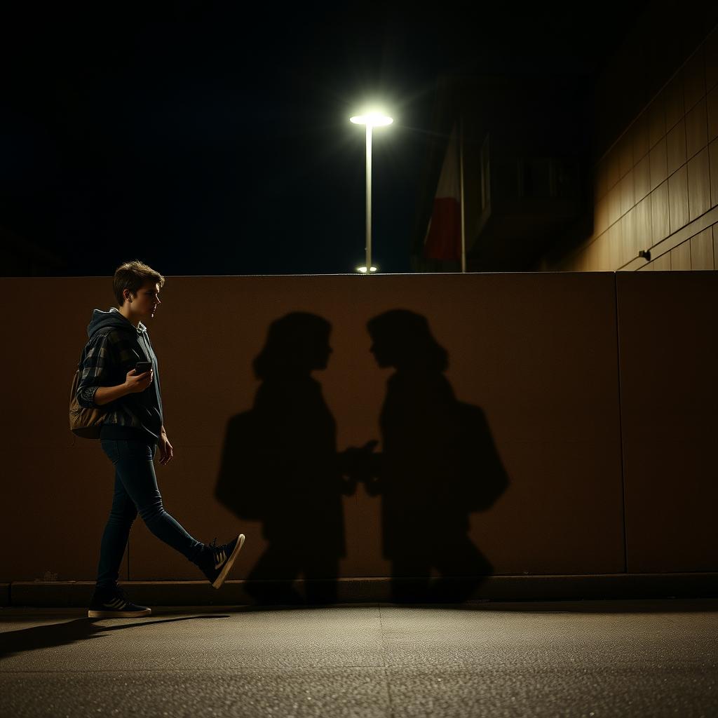 A young man and a young woman, each holding a phone in their hand, walk in opposite directions down a street at night