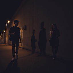 A young man and a young woman, each holding a phone in their hand, walk in opposite directions down a street at night