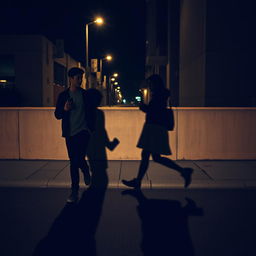 A young man and a young woman, each holding a phone in their hand, walk in opposite directions down a street at night