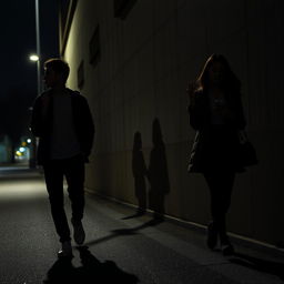 A young man and a young woman, each holding a phone in their hand, walk in opposite directions down a street at night