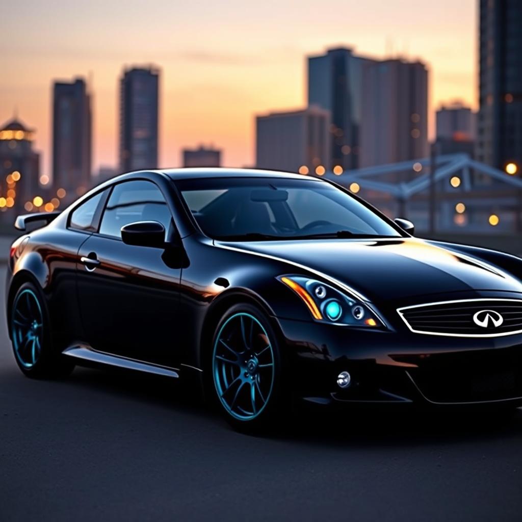 A sleek black Infiniti G35 with a prominent gold stripe running along its side, complemented by subtle cyan accents around the rims and headlights