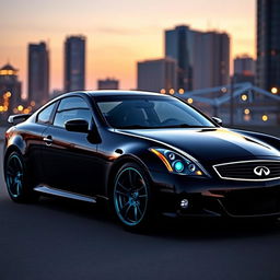 A sleek black Infiniti G35 with a prominent gold stripe running along its side, complemented by subtle cyan accents around the rims and headlights