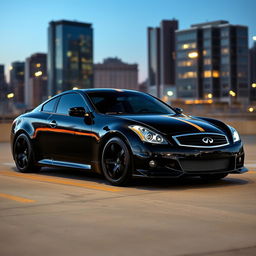 A sleek black Infiniti G35 with a prominent gold stripe running along its side, complemented by subtle cyan accents around the rims and headlights