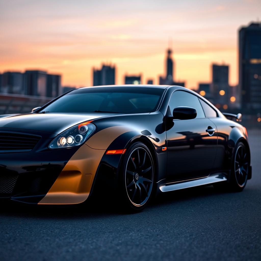 A sleek black Infiniti G35 with a prominent gold stripe running along its side, complemented by subtle cyan accents around the rims and headlights