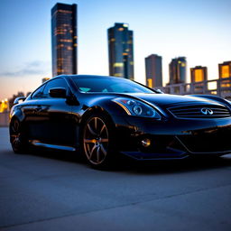 A sleek black Infiniti G35 with a prominent gold stripe running along its side, complemented by subtle cyan accents around the rims and headlights