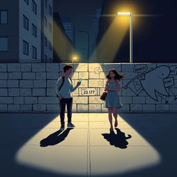 A young man and a young woman, each holding a phone in their hand, walk in opposite directions on a street at night