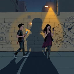 A young man and a young woman, each holding a phone in their hand, walk in opposite directions on a street at night