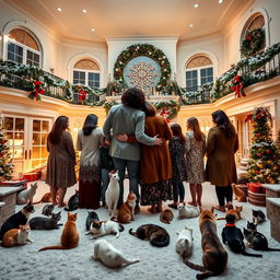 A large house in Florida, beautifully decorated for Christmas with a dusting of snow covering the ground