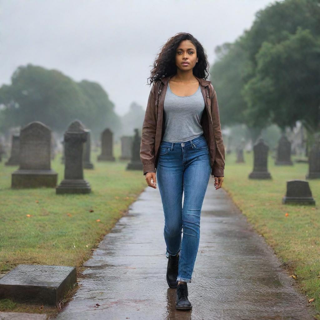 A confident, thick, brown-skinned girl is striding through a rainy graveyard, wearing fitting jeans and top. A sign displaying '9 City' stands ominously in the background.