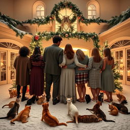 A large house in Florida, beautifully decorated for Christmas with a dusting of snow covering the ground