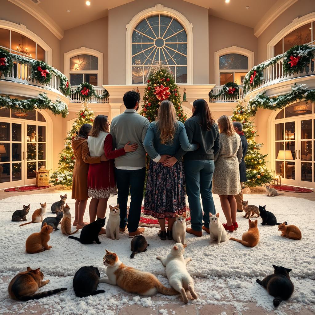 A large house in Florida, beautifully decorated for Christmas with a dusting of snow covering the ground