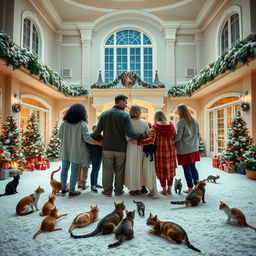 A large house in Florida, beautifully decorated for Christmas with a dusting of snow covering the ground