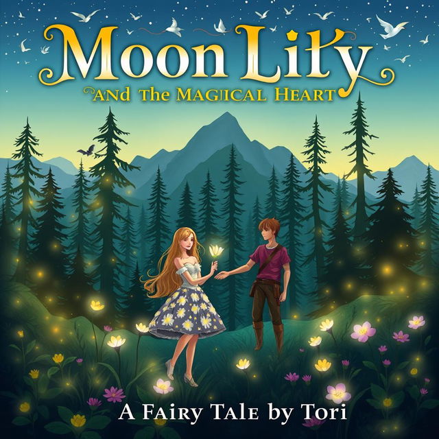 A magical forest with tall trees softly illuminated by fireflies, distant silhouettes of high mountains in the background