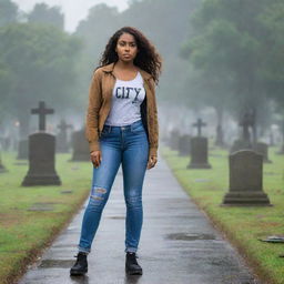 A confident, thick, brown-skinned girl is striding through a rainy graveyard, wearing fitting jeans and top. A sign displaying '9 City' stands ominously in the background.