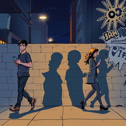 A young man and a young woman, each holding a phone in their hand, walk in opposite directions on a street at night