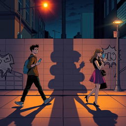 A young man and a young woman, each holding a phone in their hand, walk in opposite directions on a street at night