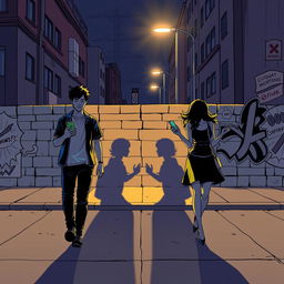 A young man and a young woman, each holding a phone in their hand, walk in opposite directions on a street at night