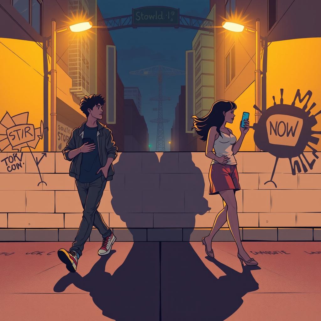 A young man and a young woman, each holding a phone in their hand, walk in opposite directions on a street at night