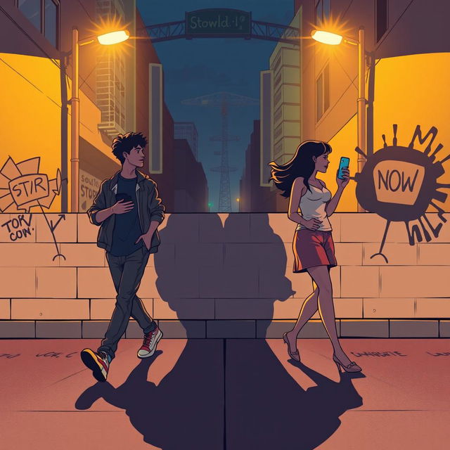 A young man and a young woman, each holding a phone in their hand, walk in opposite directions on a street at night