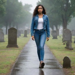 A confident, thick, brown-skinned girl is striding through a rainy graveyard, wearing fitting jeans and top. A sign displaying '9 City' stands ominously in the background.