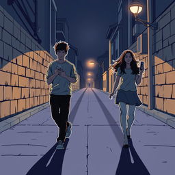 A young man and a young woman, each holding a phone in their hand, walk in opposite directions on a street at night