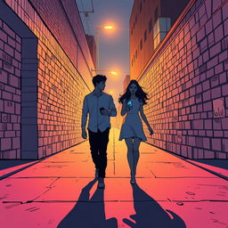 A young man and a young woman, each holding a phone in their hand, walk in opposite directions on a street at night